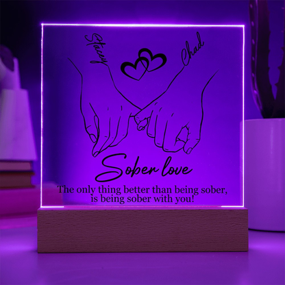 Sober love LED plaque with hands-and-heart line art, wood base, purple illuminated border
