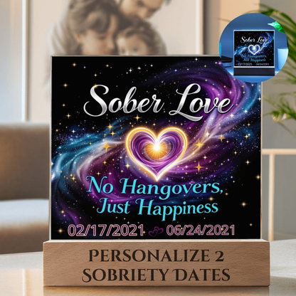 LED sobriety date sign on wood base with “PERSONALIZE 2 SOBRIETY DATES” text
