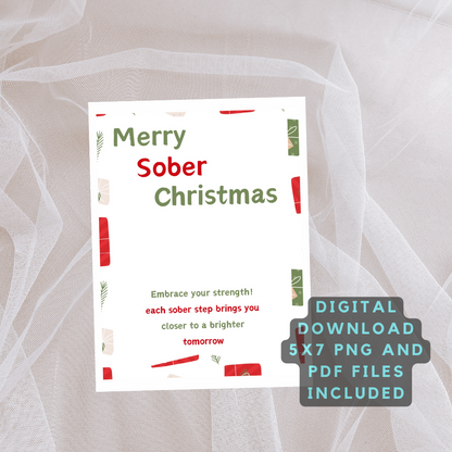 Merry Sober Christmas card with red and green lettering and digital download label