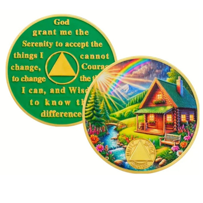 Personalized sobriety coins: green Serenity text and colorful cabin scene with gold token