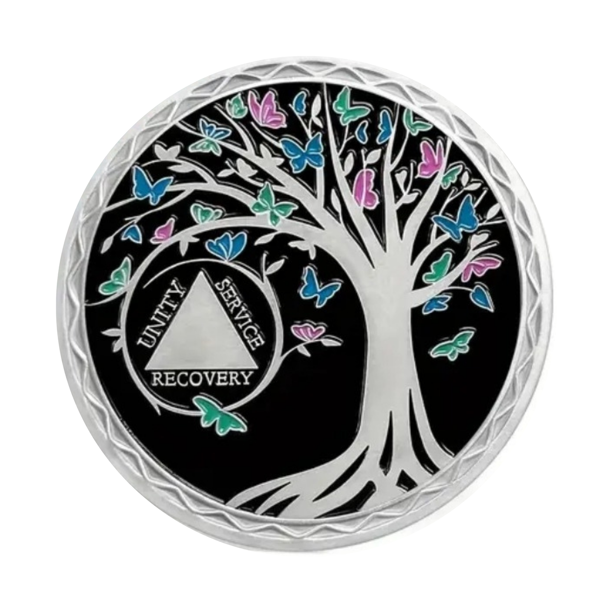 Sobriety milestone coin with silver rim and butterfly tree design