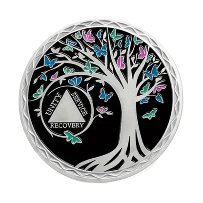 Sobriety milestone coin with silver rim and butterfly tree design