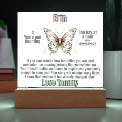 Butterfly LED sobriety plaque with wood base, soft neutral light, name Erin