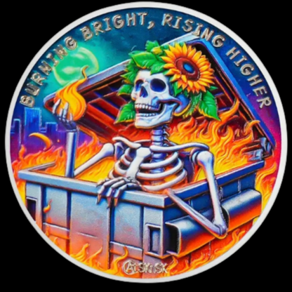 Sunflower skeleton sobriety coin front, colorful flames and rocking chair skull illustration