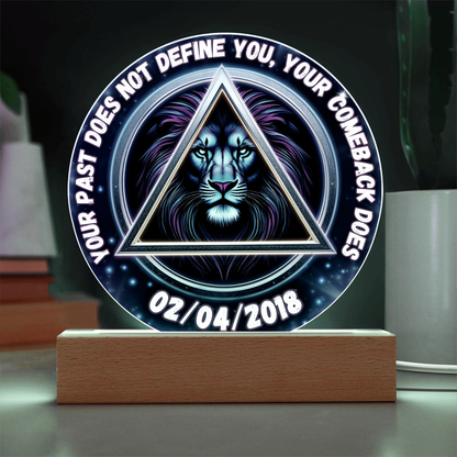 Personalized LED circle plaque with glowing lion in a triangle and date 02/04/2018