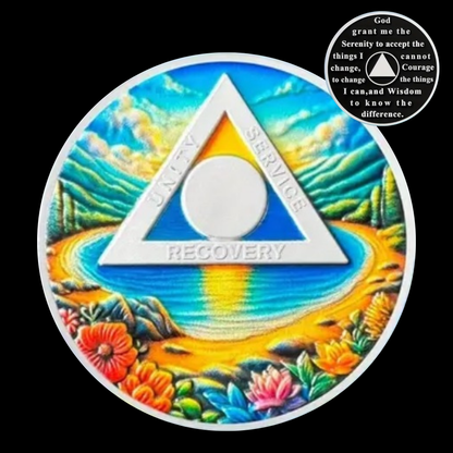 Recovery sobriety coin with colorful water scene and Recovery triangle