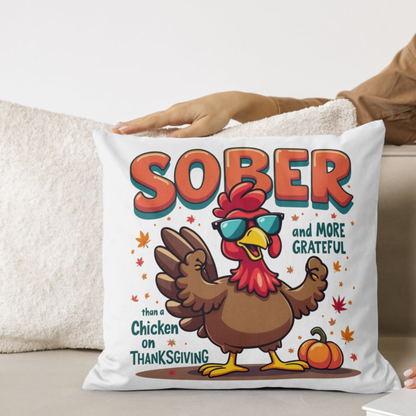 White throw pillow with SOBER turkey and leaf graphic