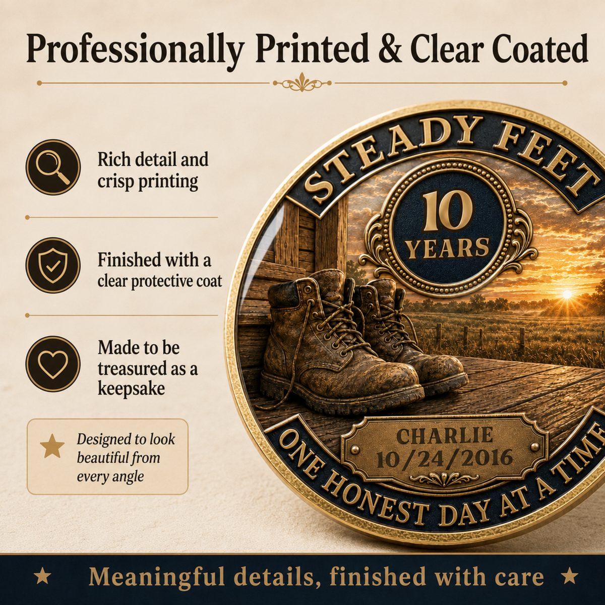 Recovery anniversary coin close-up with “Professionally Printed & Clear Coated” callouts