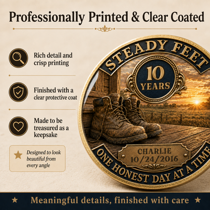 Recovery anniversary coin close-up with “Professionally Printed & Clear Coated” callouts