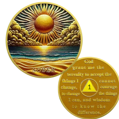 Gold sobriety coin pair with sunset landscape and scripture-style text
