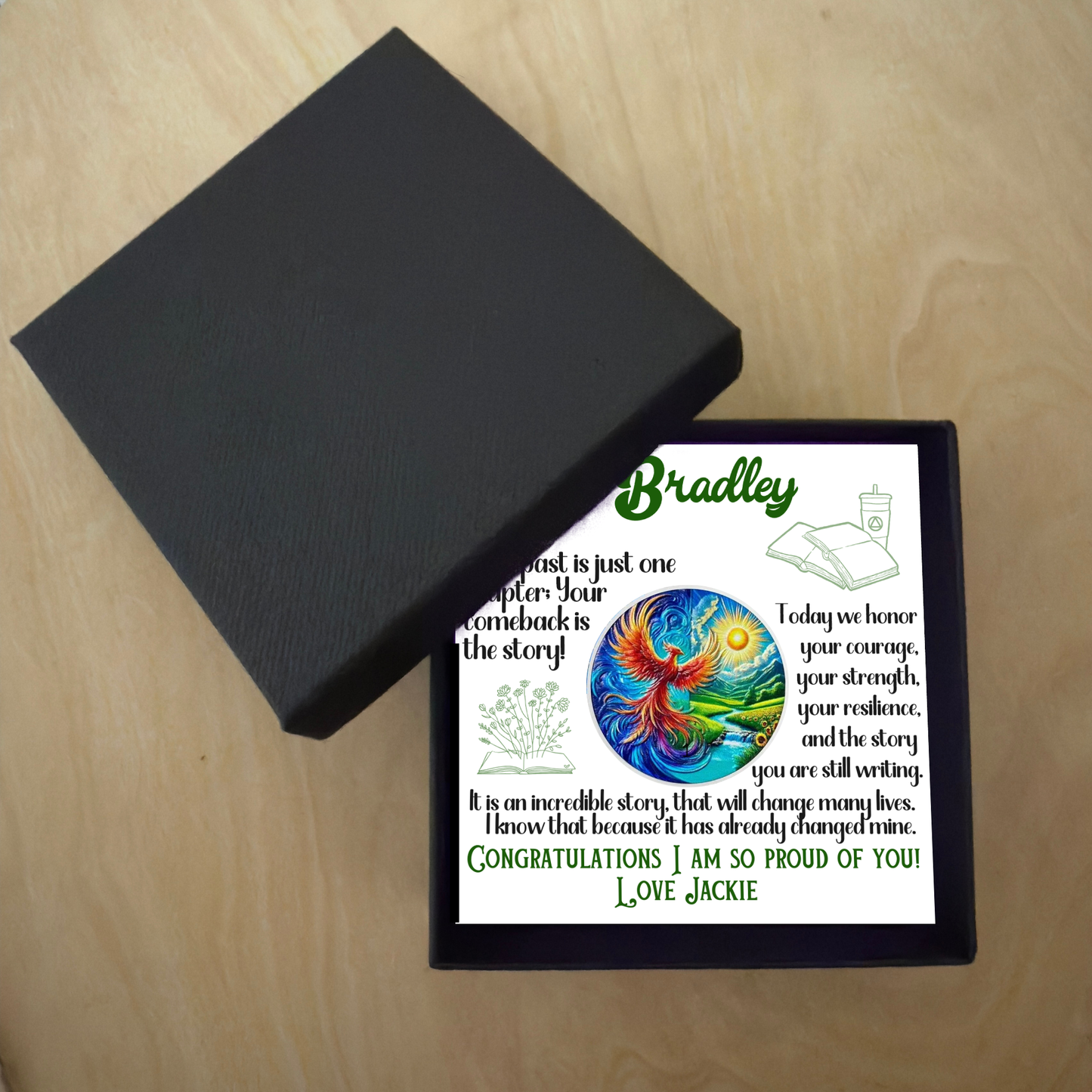 Black gift box lid and custom sobriety milestone framed card with coin