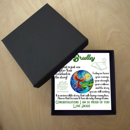 Black gift box lid and custom sobriety milestone framed card with coin