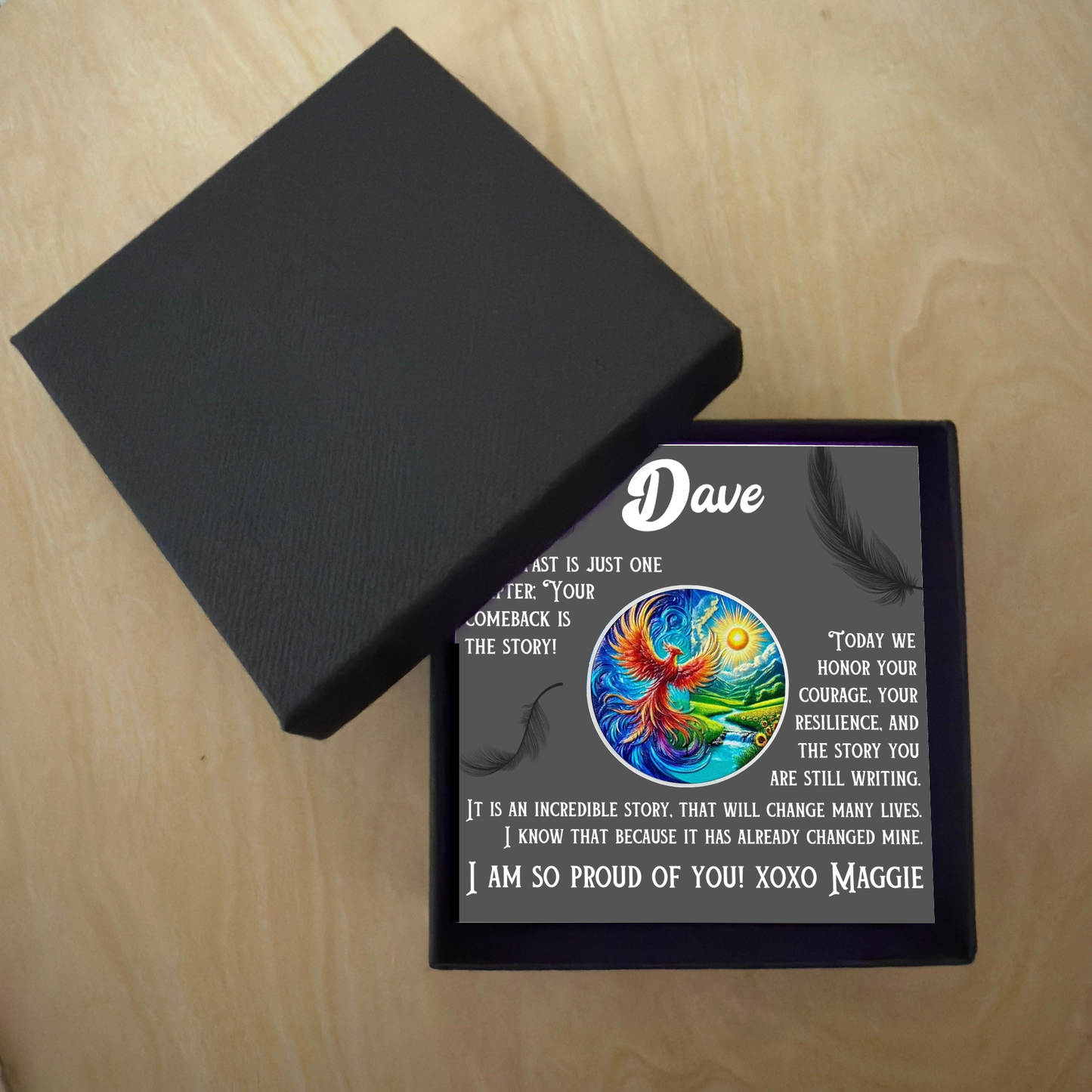 Personalized sobriety card in gift box with phoenix design and name Dave