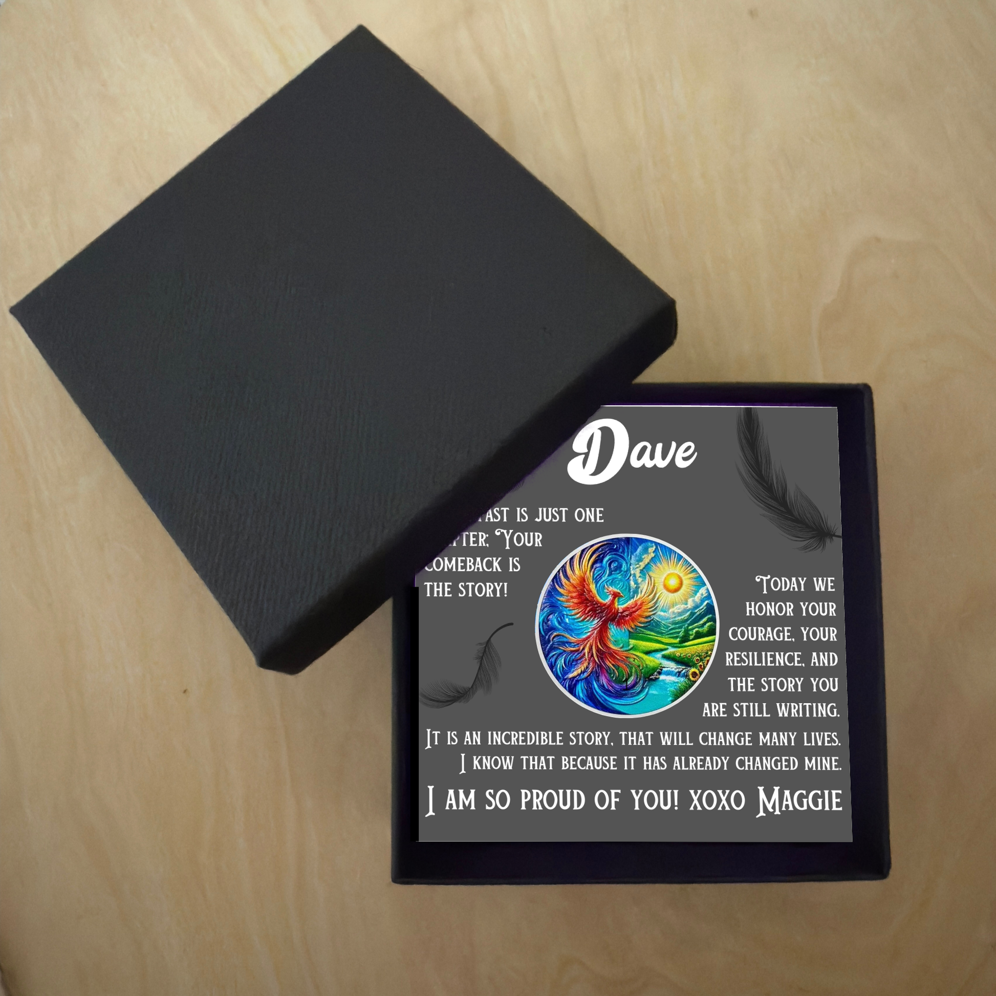 Personalized sobriety card in gift box with phoenix design and name Dave