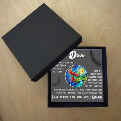 Personalized sobriety card in gift box with phoenix design and name Dave