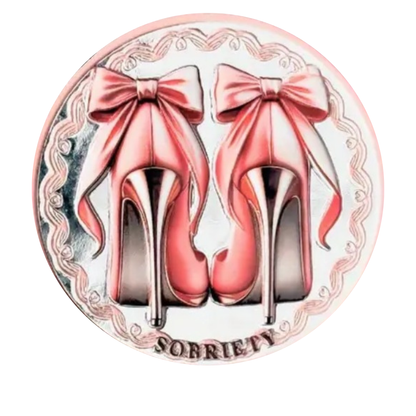 Sobriety coin with pink ribbon bow high heels and ornate frame