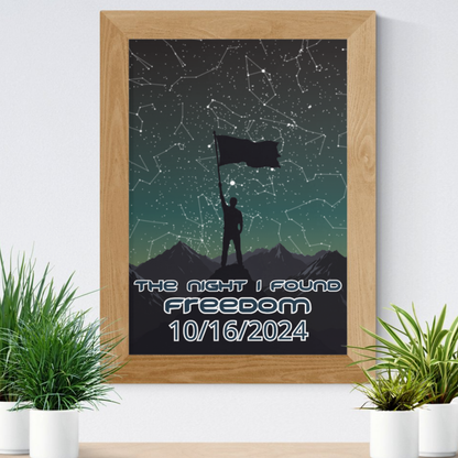 Wood-framed star map wall art with silhouetted flag bearer and mountains, FREEDOM 10/16/2024