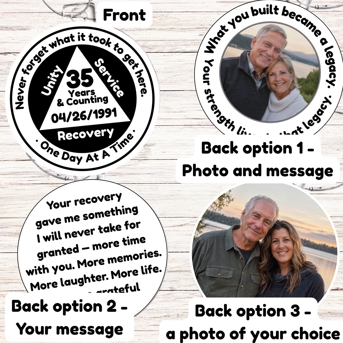 Recovery milestone ornament product layout with front “35 Years” and back photo/message options.