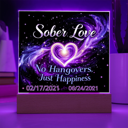 LED sobriety date sign with glowing heart and starry galaxy background on wood base