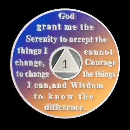Sunflower sobriety coin back with serenity prayer text and circular design