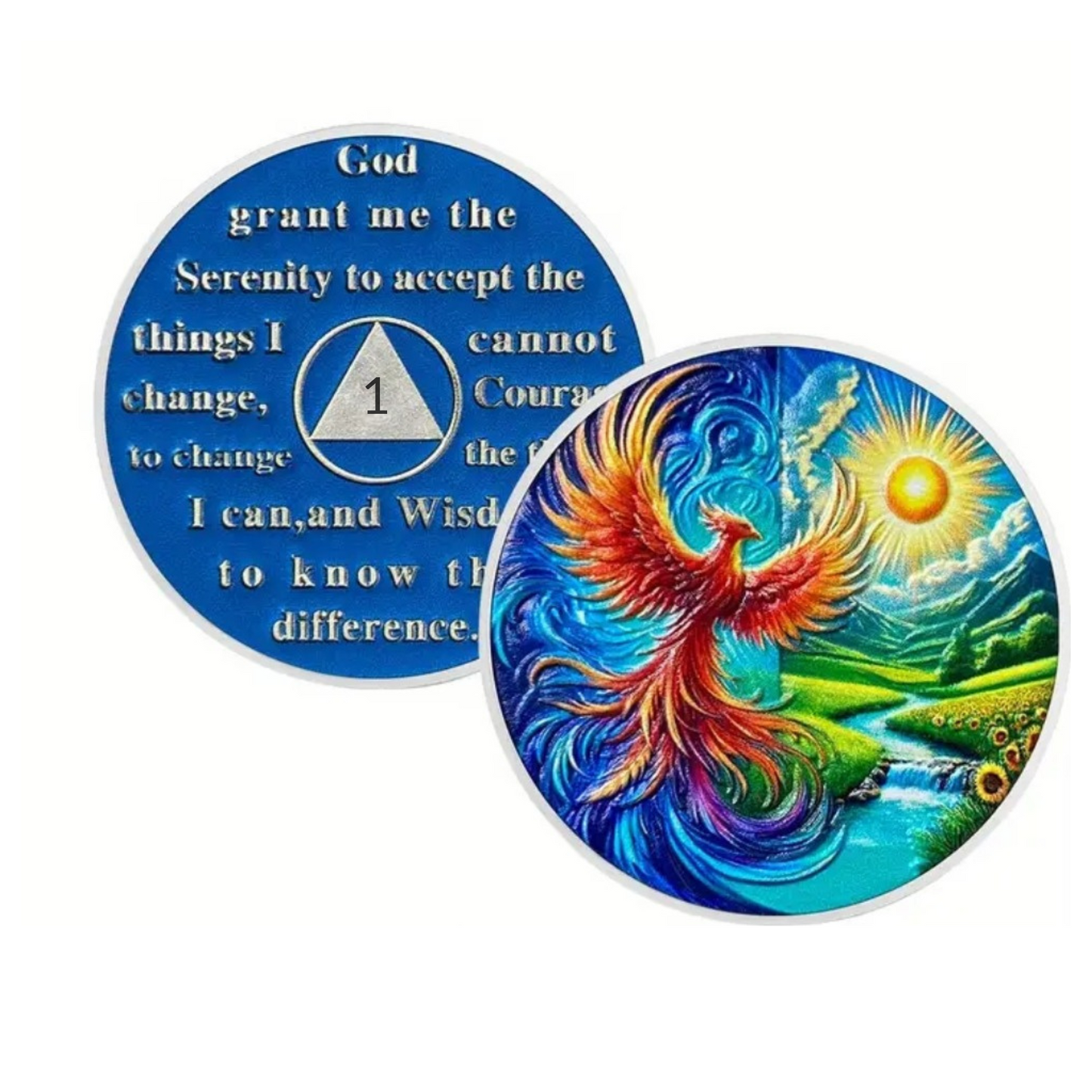 Two custom sobriety milestone coins with blue phoenix and faith text