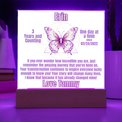 Butterfly LED sobriety plaque with wood base, purple glow, name Erin
