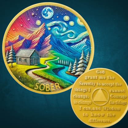 Rainbow cabin coin with multicolor landscape and blue earth, gold rim; circular coin