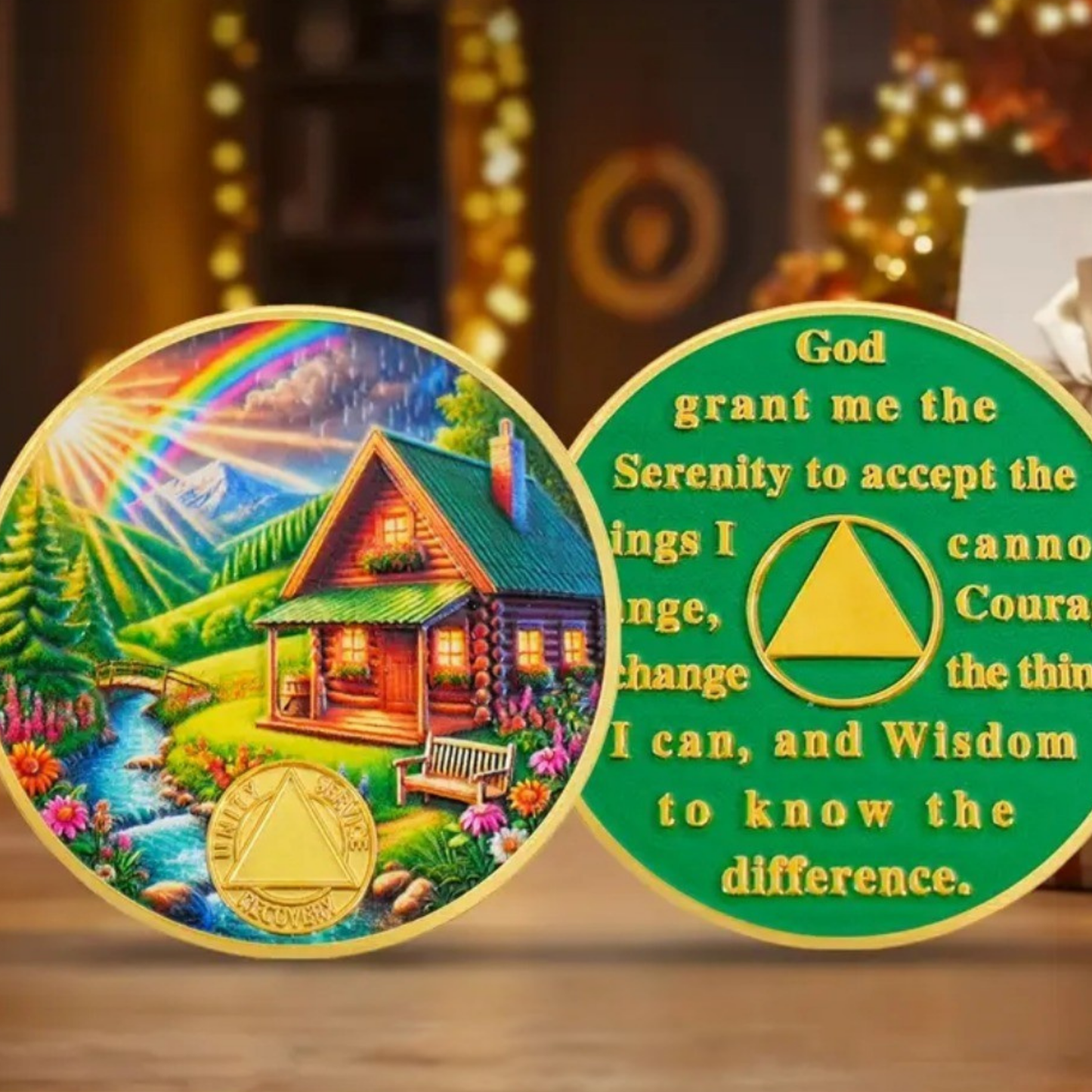 Sobriety Coin with Rainbow Cabin Scene