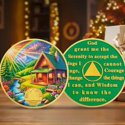 Personalized sobriety coins set: cabin landscape token and green serenity quote coin