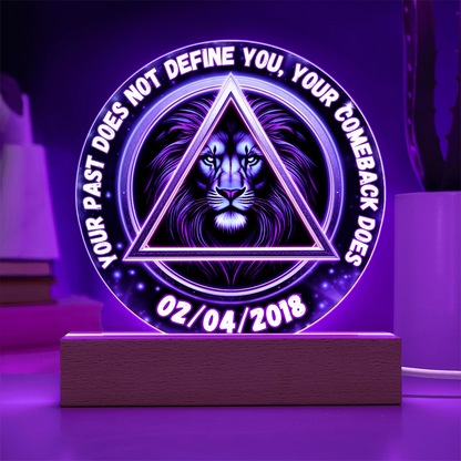 Personalized LED circle plaque with purple glow lion triangle center and date 02/04/2018