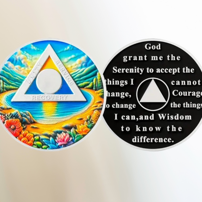 Sobriety coin and circular prayer text medallion on dark card