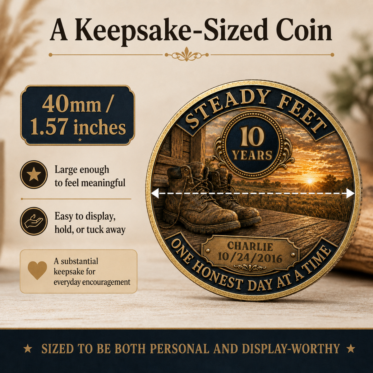 Gold-toned commemorative keepsake coin with Steady Feet 10 years emblem and date