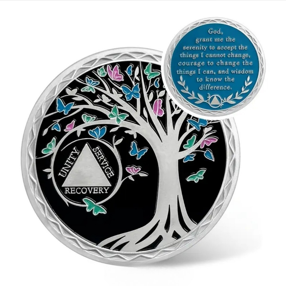 Sobriety milestone coins, silver rim: colorful tree design coin with blue prayer coin