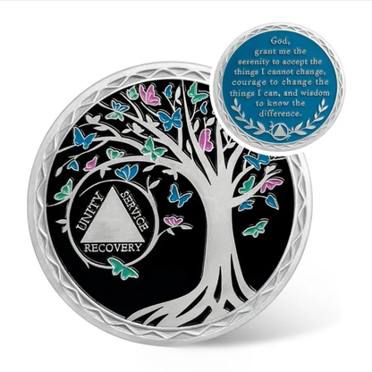 Sobriety milestone coins, silver rim: colorful tree design coin with blue prayer coin