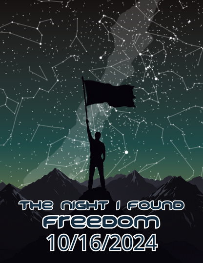 Star map poster with silhouetted flag bearer, green star field, FREEDOM 10/16/2024