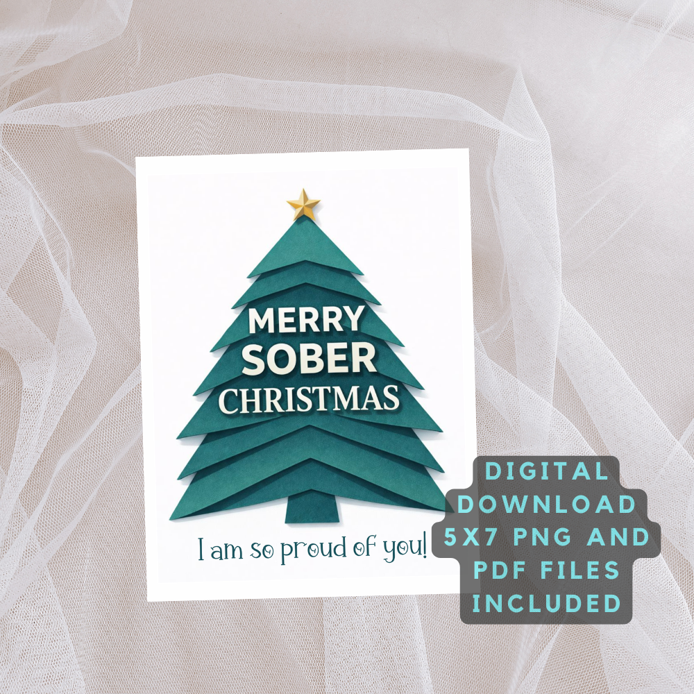 Teal Christmas greeting card with gold star tree; digital download “5x7 PNG and PDF” overlay.
