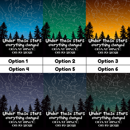 Digital print options grid with colored star backgrounds, pine silhouettes, 08/19/2021