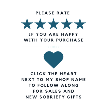 Sobriety Christmas card with star rating text and heart prompt, digital download instructions