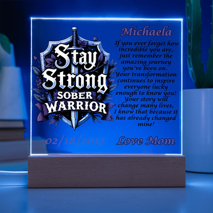 Personalized LED plaque with blue glowing border, shield text and name Michaela