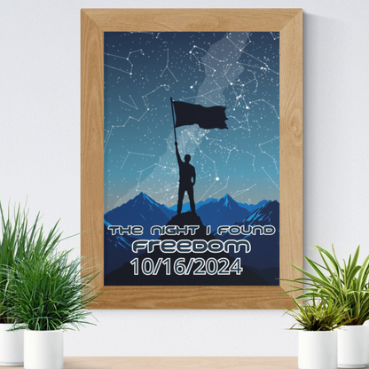 Framed night-sky sobriety date digital print with silhouette flag and date 10/16/2024