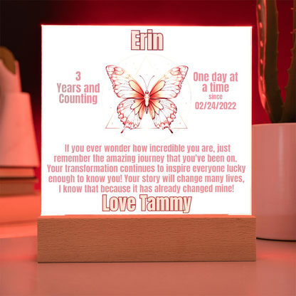 Butterfly LED sobriety plaque with wood base, warm white glow, name Erin