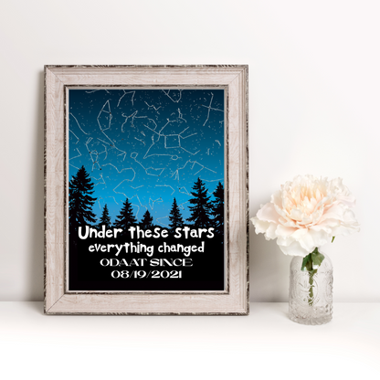 Framed digital print with teal starry sky and pine trees, text and date 08/19/2021