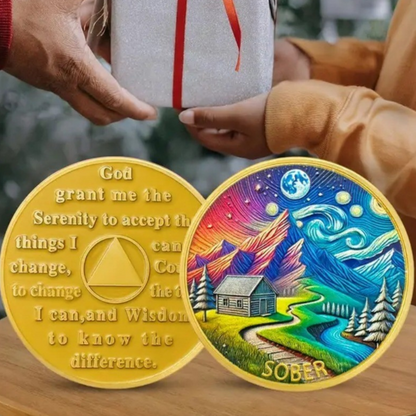 Coin pair in hands: rainbow cabin side and gold prayer text side, round gold rims