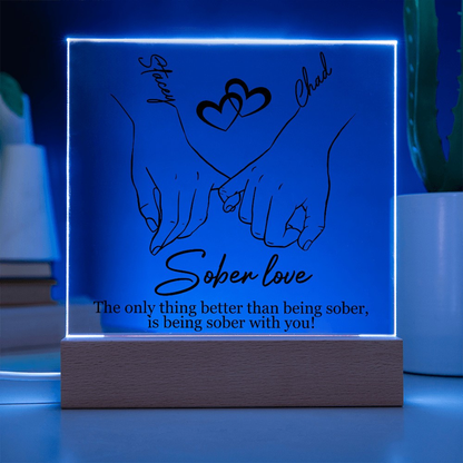 Sober love LED plaque with hands-and-heart line art, wood base, blue illuminated border