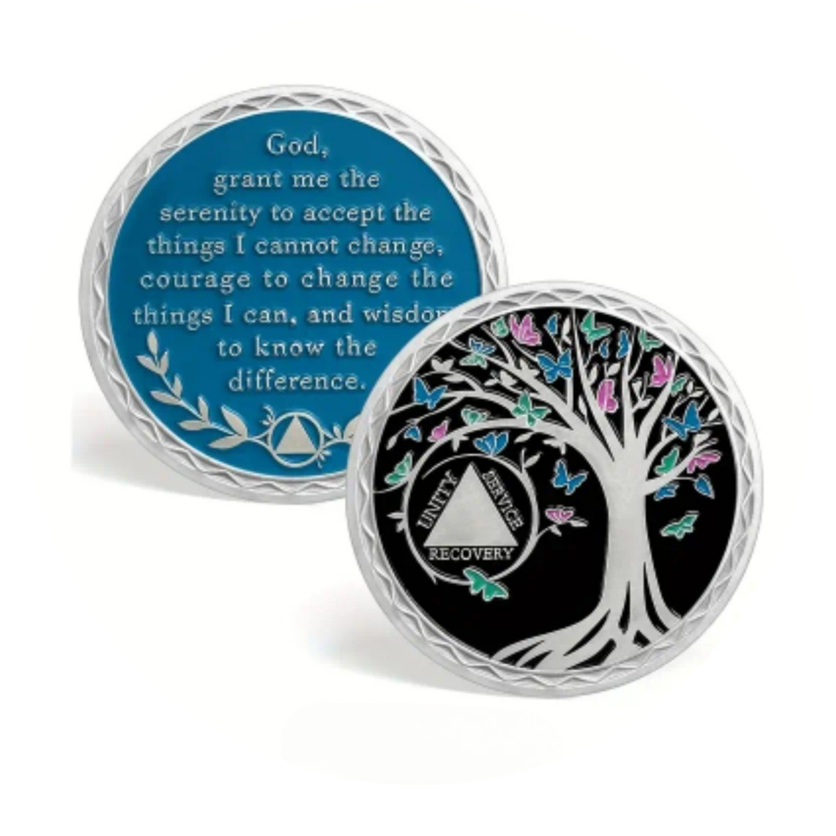 Two sobriety coins with silver rims: tree design coin and blue prayer coin