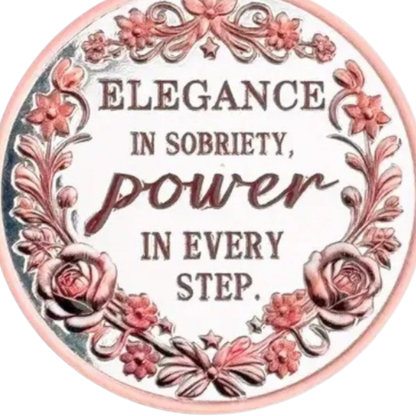 Sobriety coin with floral roses and 'Elegance in sobriety, power in every step' text
