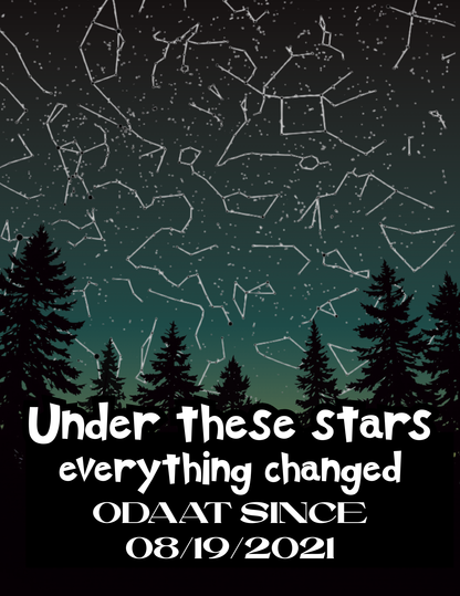 Digital print with teal starry night, pine silhouettes, 'Under These Stars' and 08/19/2021