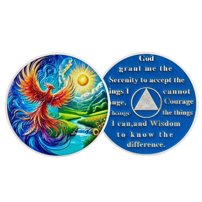 Two round sobriety milestone coins with blue scripture text and colorful phoenix illustration