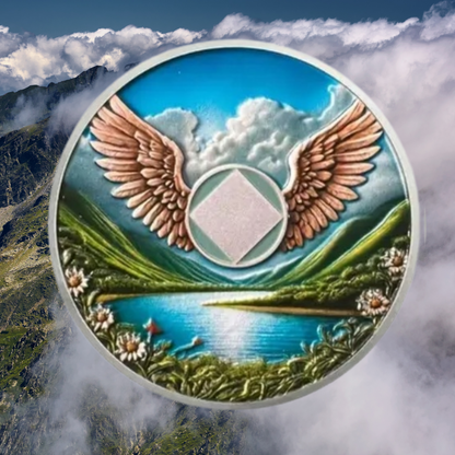 Recovery sobriety coin with bronze rim, wings, ocean and mountain landscape design