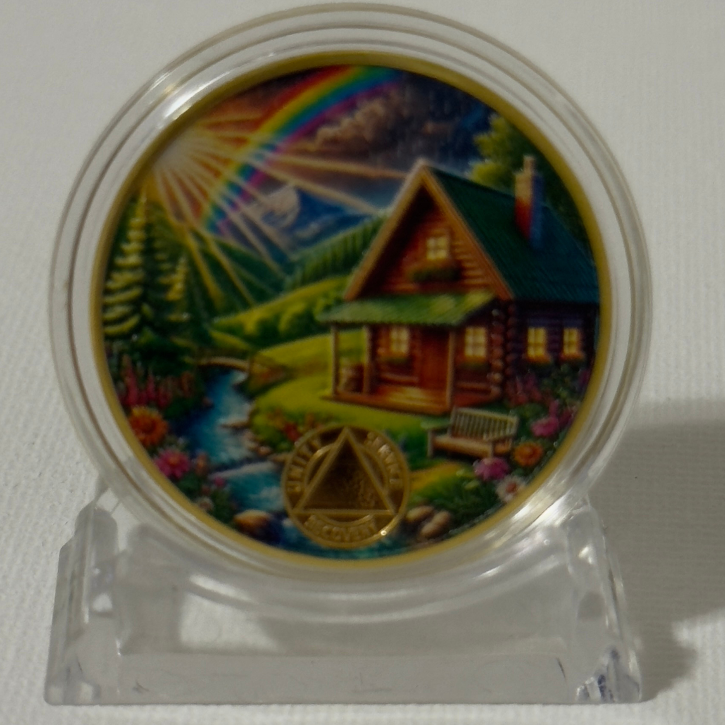 Sobriety Coin with Rainbow Cabin Scene